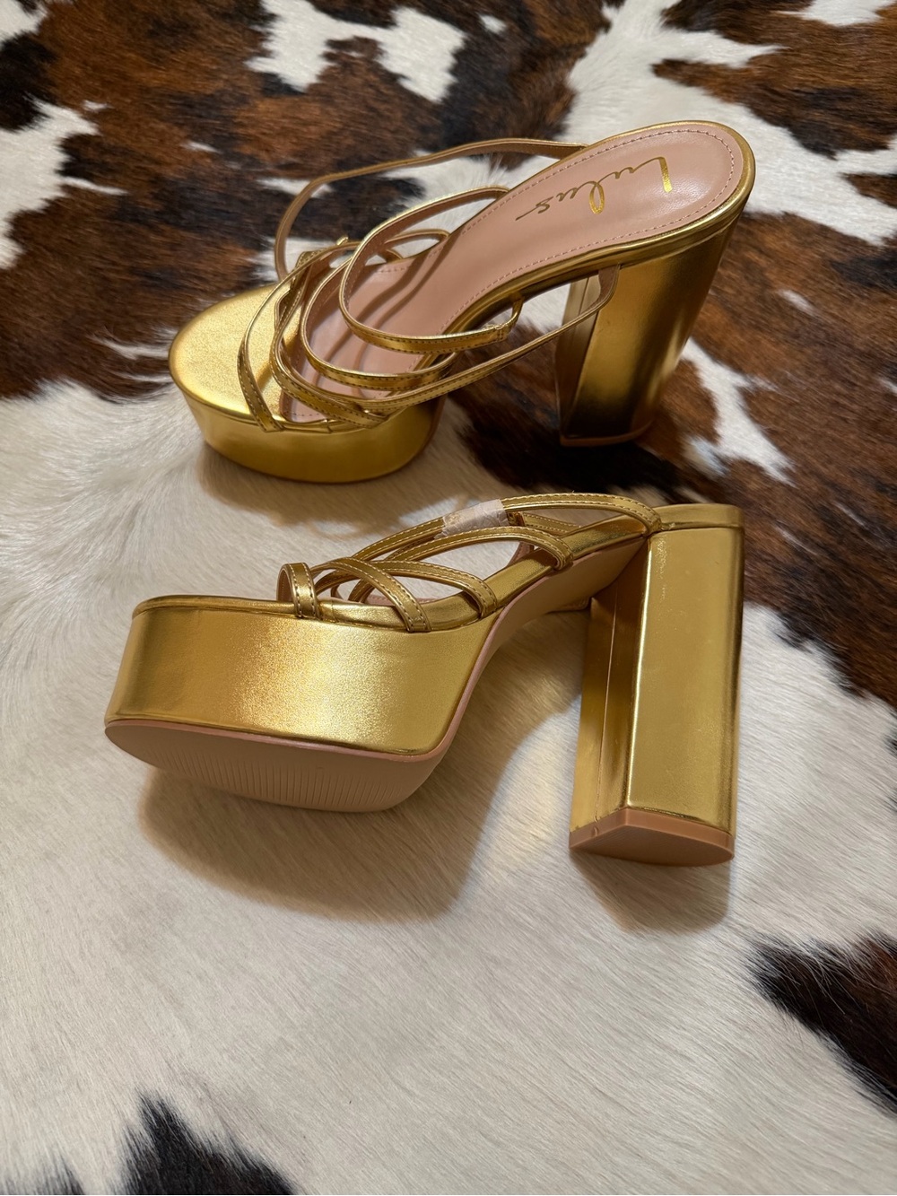 Lulu's Metallic Gold Strappy Platform Block Heels